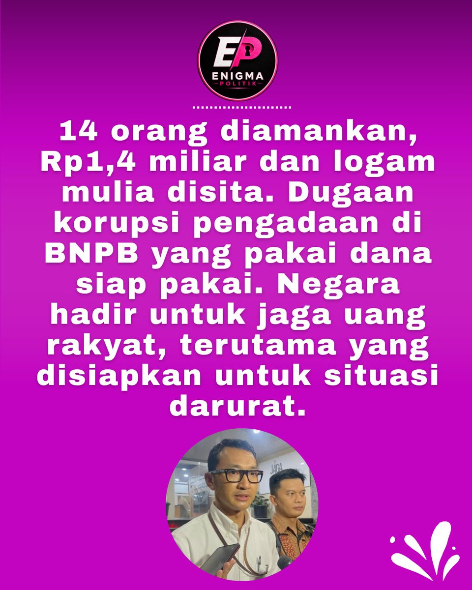 EnigmaPolitik's tweet photo. 14 orang diamankan, Rp1,4 miliar dan logam mulia disita. Dugaan korupsi pengadaan di BNPB yang pakai dana siap pakai. Negara hadir untuk jaga uang rakyat, terutama yg disiapkan untuk situasi darurat.

#jagaindonesia #kamibersamapresiden #BerantasKorupsi #OTTBNPB #TakAdaYangLolos https://t.co/ckdI0H0j5N