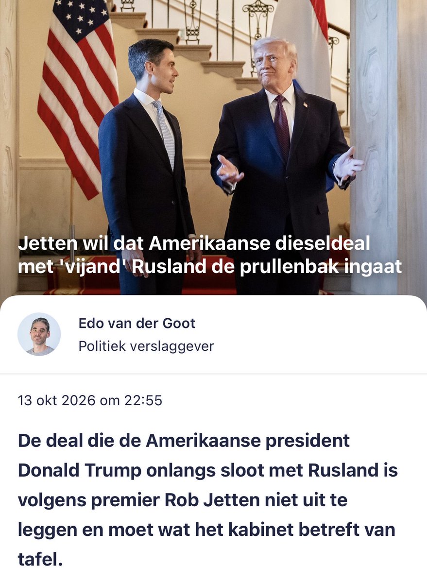 jpaternotte's tweet photo. De premier slaat de spijker op z’n kop. Trumps dieseldeal met Poetin is oliedom en moet als de wiedeweerga van tafel. 

Want zoals Jetten terecht zegt: met deze subsidie aan Rusland spekt Trump de oorlogskas van een terreurbewind dat steeds meer gewone burgers in Oekraïne vermoord. 

Daar past maar één antwoord op: Oekraïne volop blijven steunen en de druk op Rusland maximaal opvoeren om te stoppen met Poetins agressie. En weg met deze ondermijnende deal.
https://t.co/K1dgfveXu7