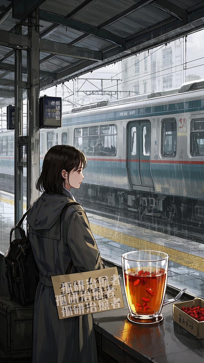 2dkK36C0hvEP75E's tweet photo. 古い駅のホームで、雨に凭れてスマホを持つ男。古びた柱に爪を立て、濡れた髪が肩に沾う。（简洁日语翻译：在旧车站的站台，男人倚着雨拿着手机，把指甲抠在破旧的柱子上，湿发沾到肩头。） https://t.co/xTUZkKIANN