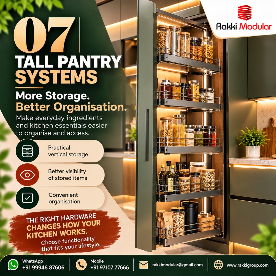 RakkiModular's tweet photo. ✨ Upgrade your kitchen with 7 smart hardware choices! Soft-close hinges, drawer channels, pull-out baskets &amp; pantry units make everyday cooking and storage easier.
📞 +91 99946 87606 
#RakkiModular #KitchenHardware https://t.co/edp72c5hQU