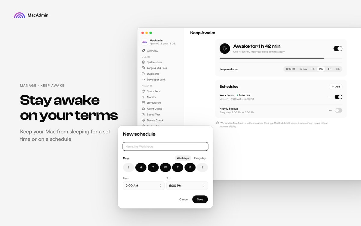 uraxdev's tweet photo. New in MacAdmin: Keep Awake.

Stop your Mac from sleeping for 15 min, 1h, 2h, 4h, 8h, or until you turn it off, with a live countdown. Or set a schedule, like work hours on weekdays or a nightly backup.

https://t.co/zTPmKFiSRo https://t.co/vuA7iDl4fq