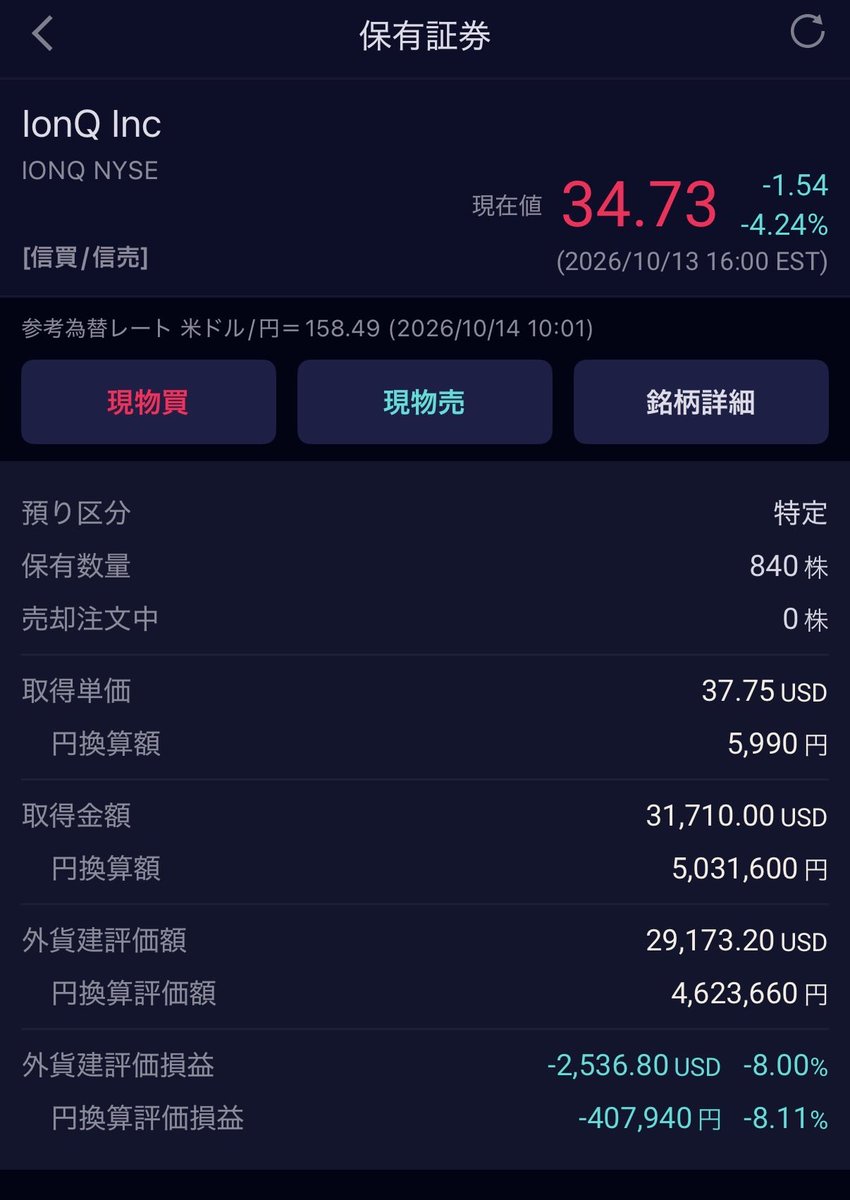 Investor_Climb_'s tweet photo. $IONQ を買い増し続けたら、保有数量840株・投資額3万ドル超え（約500万円規模）に到達。
足元は -8% ほど掘っているけれど、量子コンピューティングの本命として握力強めで付き合う予定。押し目は拾うのみ。 https://t.co/QqqPDwHlNl