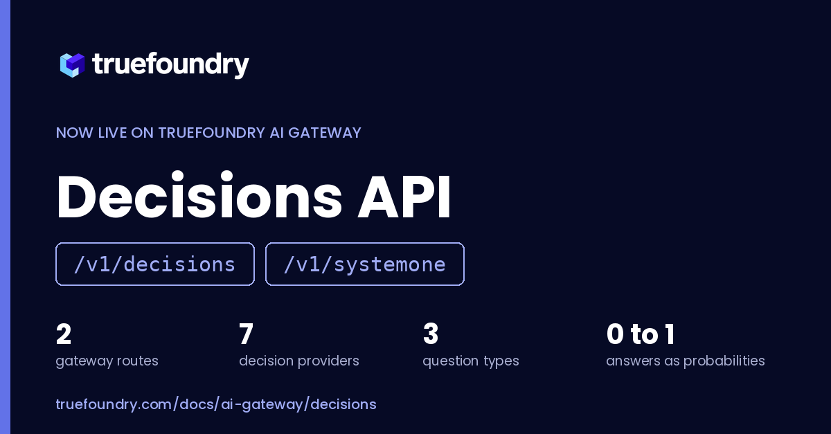 truefoundry's tweet photo. The Decisions API is live on TrueFoundry AI Gateway: ask typed yes/no, choice and score questions, get probabilities back. 7 providers, 2 routes: /v1/decisions and /v1/systemone. Same keys; switch provider by changing the model string.  Read more: https://t.co/rEGrrk6kSt https://t.co/vKQUutjO5B