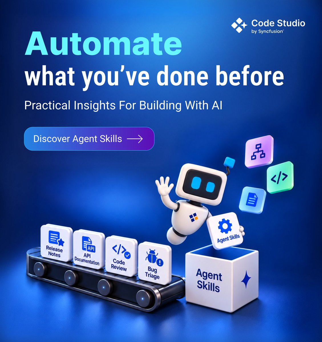 CodeStudioSF's tweet photo. Still giving your AI agent, the same instructions every time? 👀

Release notes. API documentation. Code reviews. Bug triage.

If the process repeats, why keep starting from scratch?

Agent Skills package repeatable instructions into reusable workflows your agent can follow.

📘 Learn how Agent Skills work: https://t.co/6DT7ZmqoGp

#AgentSkills #AIAgents #AIWorkflows #AIDevelopment #SoftwareEngineering #DeveloperTools