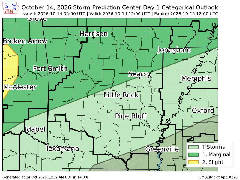 ChiefKeith's tweet photo. #SPC issues Day 1 Marginal Convective Risk at Oct 14, 5:50z for LZK https://t.co/3HBn6NsrEQ https://t.co/bxU0NxzlLX