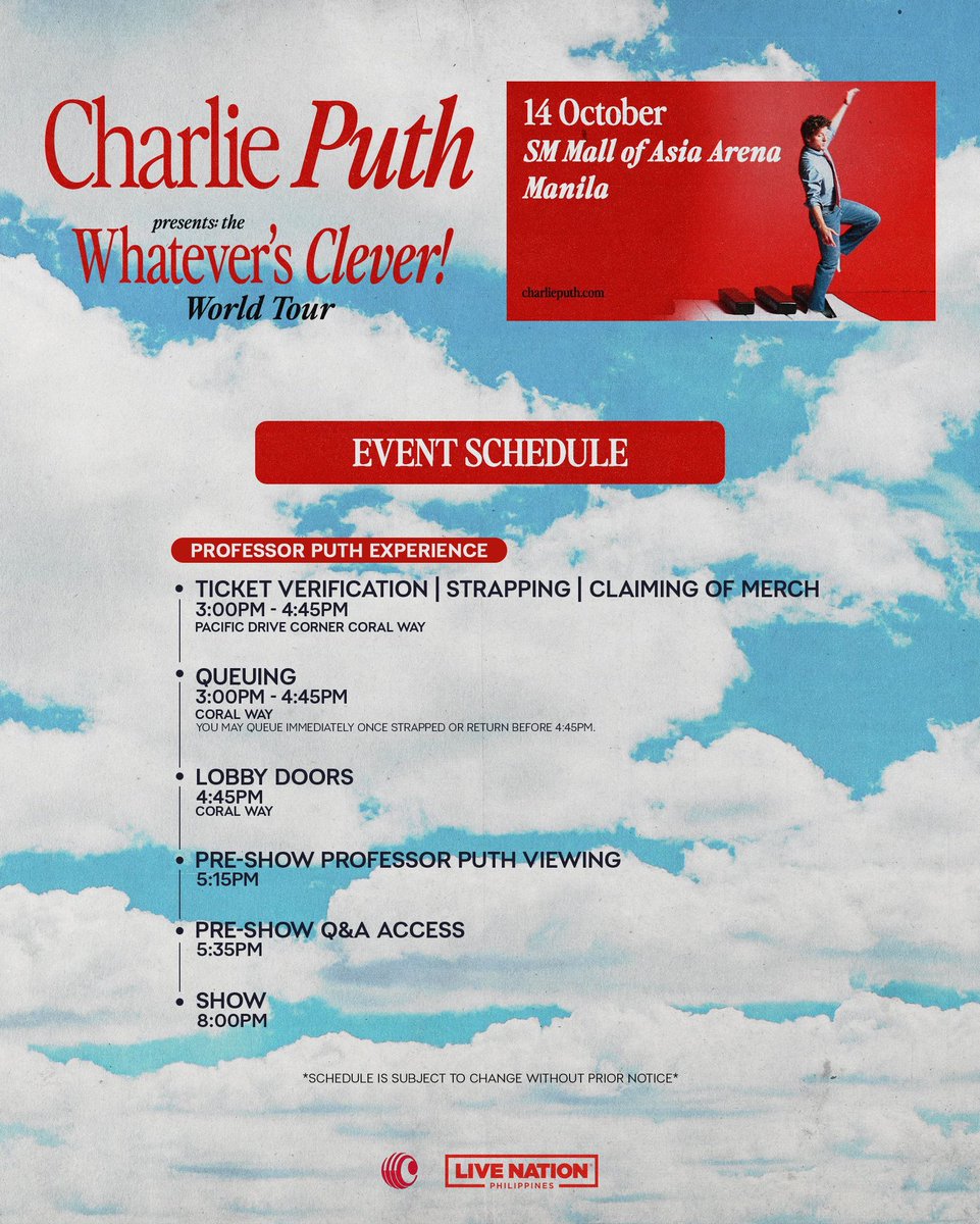 SoundCheckMNL's tweet photo. #LiveNationPhilippines @livenationph releases the venue map and event sked for Charlie Puth - Whatever's Clever! World Tour in Manila happening tonight at 8PM at the MOA Arena #CharliePuthInManila 💫 🎵 https://t.co/335JxgmaAp