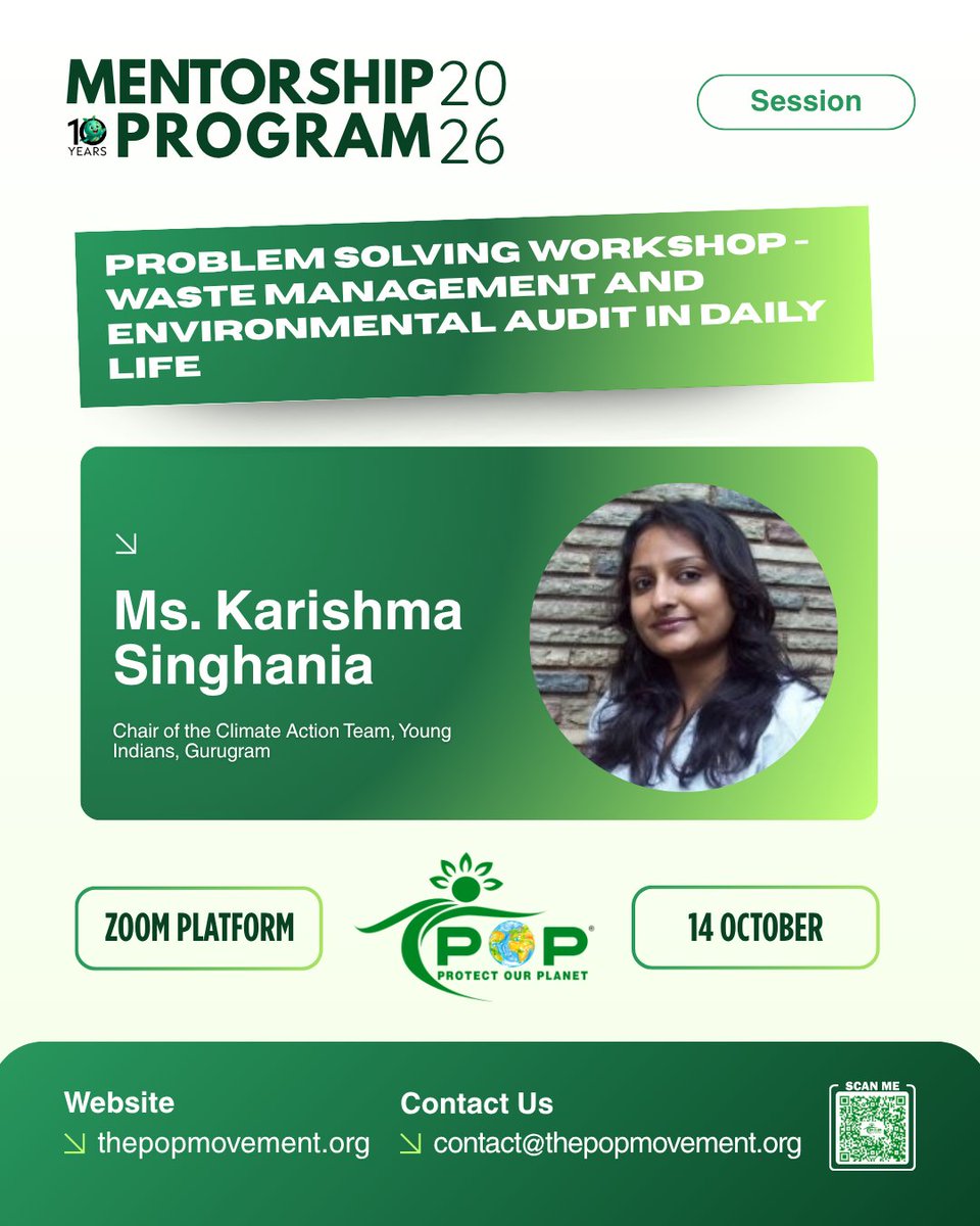1popmovement's tweet photo. #SpeakerAnnouncement: Today’s Mentorship Program 2026 session is led by Ms. Karishma Singhania, Chair, Climate Action Team, Young Indians.

Topic: Waste Management &amp; Environmental Audit in Daily Life

🕖 7–8 PM IST

Join: https://t.co/uCJyDvQPDk

#POPMovement https://t.co/S9LUbTCUjc