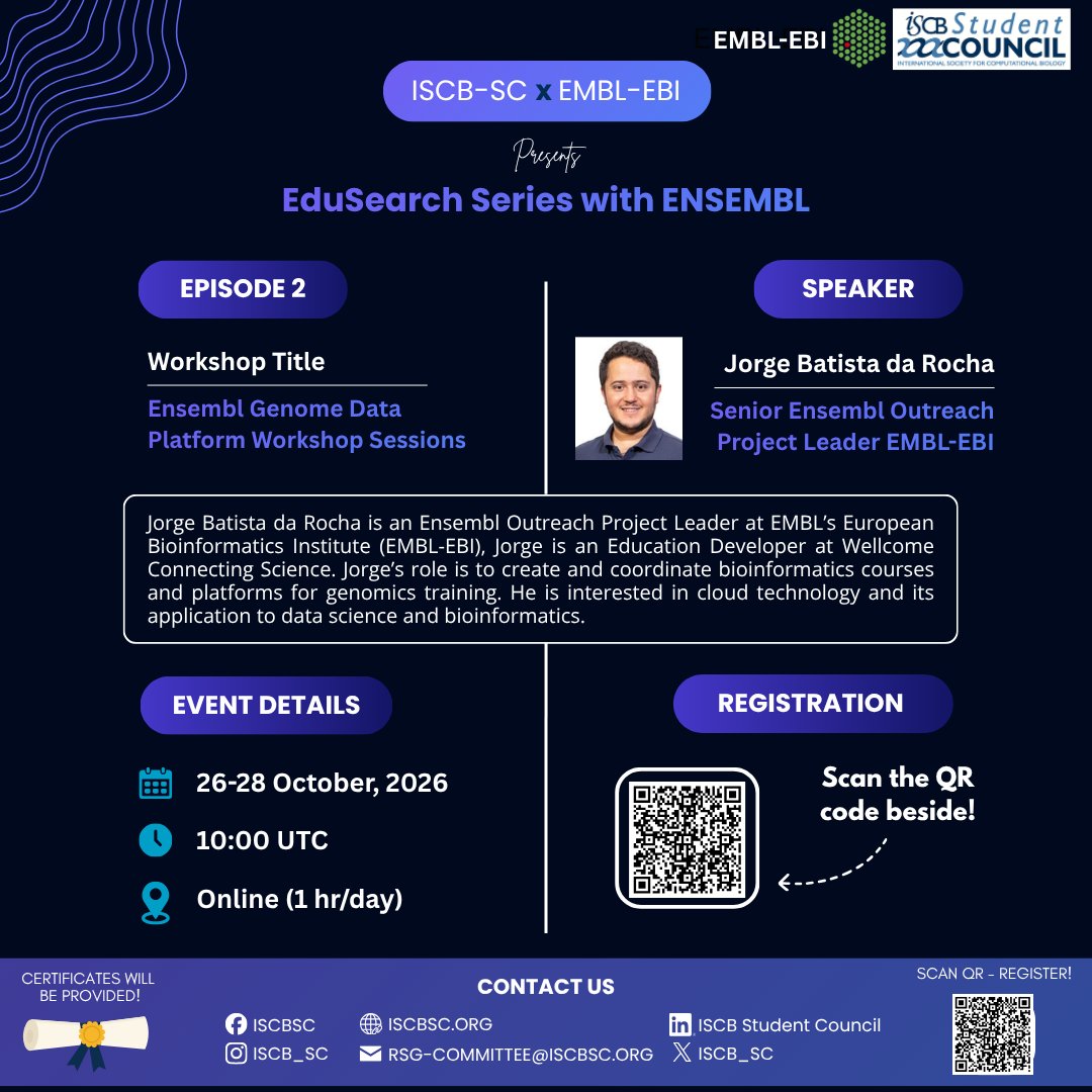 iscbsc's tweet photo. 🧬💻 Ready to get hands-on with genomic data? Let’s explore Ensembl!
The ISCB-SC × EMBL-EBI EduSearch Series with Ensembl continues with Episode 3: Ensembl Genome Data Platform Workshop Sessions! 🚀
Join Jorge Batista da Rocha, Senior Ensembl Outreach Project Leader at EMBL-EBI, for three days of online learning designed to help you navigate genomic resources and strengthen your bioinformatics skills. 🌍
🔍 Here’s what you’ll explore:
📅 26 October | Session 1: Introduction to Ensembl, Selecting Genomes and Genome Browsing
🧬 27 October | Session 2: Gene Annotation, Exploring Genomic Features and Exporting Data
🧪 28 October | Session 3: Using the Ensembl Variant Effect Predictor (VEP) to Annotate and Explore Variants
⏰ Time: 10:00 UTC daily
💻 Format: Online | 1 hour per day
📜 Certificates will be provided!
Whether you’re just starting with genomics or looking to expand your computational biology toolkit, this workshop series is a great opportunity to learn how to access, explore, and interpret genomic data.
🎯 Register now: https://t.co/21xt3AaPd9
Tag your friends and join us for three days of genomic discovery! 🌍✨
#Bioinformatics #ComputationalBiology #Ensembl #Genomics #GenomeBrowser #VariantEffectPredictor #EMBLEBI #ISCBSC #EduSearch

@ISCB_RSG_India @RSG_nigeria