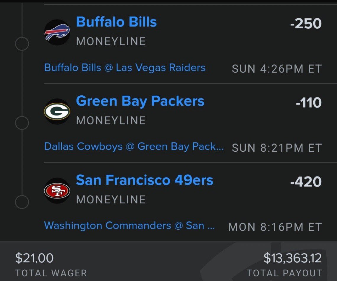 Mike628919686's tweet photo. IMAGINE TURNING $21 INTO $13,363.12! 
EVERY LEG HAS TO COME THROUGH, BUT WE’RE PUTTING THIS TICKET OUT THERE AND LETTING IT RIDE! 🏈 https://t.co/9Etv2gaKcM