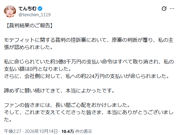 ytranking's tweet photo. てんちむ、3億8000万円の支払い命令が取り消し
モテフィット裁判の控訴審で逆転勝訴

▼記事
https://t.co/Oqzycaqcoh

2020年、豊胸手術を隠してナイトブラをプロデュースしていたと批判され、自腹で4億3000万円の返金を負担
↓
返金のため販売元に渡した2億2000万円の使途を明らかにするよう提訴したところ、会社側から約5億円の反訴
↓
2024年12月の一審は請求を退けられ、逆に3億8457万円の賠償を命じる判決を受ける
↓
14日の控訴審で一審が覆り、てんちむの支払いは0円、会社側に約224万円の支払い命令