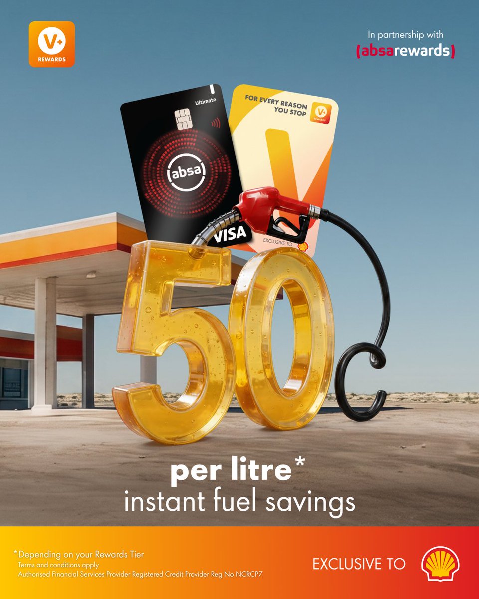 VPlusRewards's tweet photo. Get up to R0.50 per litre*on fuel spend. Plus, up to 2.5% cashback* on qualifying in-store purchases on Shell V+ rewards.

That’s not all; earn up to 30% real cash back* through AbsaRewards.

*Depending on your Rewards Tier.
#ShellVPlusRewards #AbsaRewards https://t.co/7mFUQ7L6PW