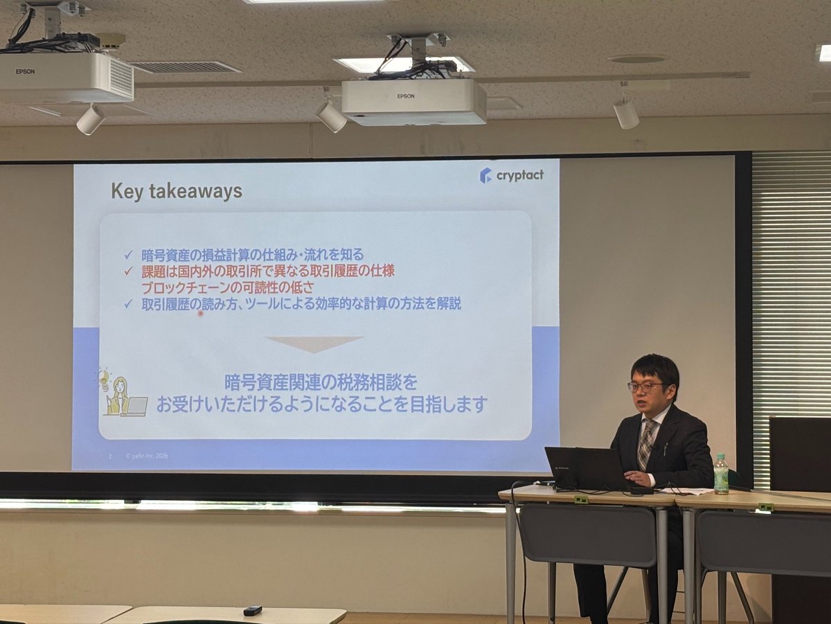 kaikei_hiroba's tweet photo. 📢ただいまセミナー開催中！
「『すぐに使える！』暗号資産の所得計算 完全実務セミナー」💻📈
https://t.co/QuLByed7Ox

講師はたまらん坂税理士法人の坂本新氏@tamaransaka_tax と、株式会社pafinの大津良裕氏のお二人です🎓

暗号資産の所得計算に必要となる基礎知識から、取引履歴の整理、取得価額の考え方など、実際のケースを交えながらわかりやすく解説しています！
さらに、暗号資産の損益計算サービス「クリプタクト」を活用した税務相談の効率化についてもご紹介✨

来場・ZOOMの他に後日動画受講も可能です🖥️
https://t.co/QuLByed7Ox
今からのお申込みも可能ですよ！🔊

暗号資産の税務について学びたい税理士・会計事務所職員の方におすすめです！
#税理士 #会計事務所 #税務 #暗号資産 #所得計算 #確定申告