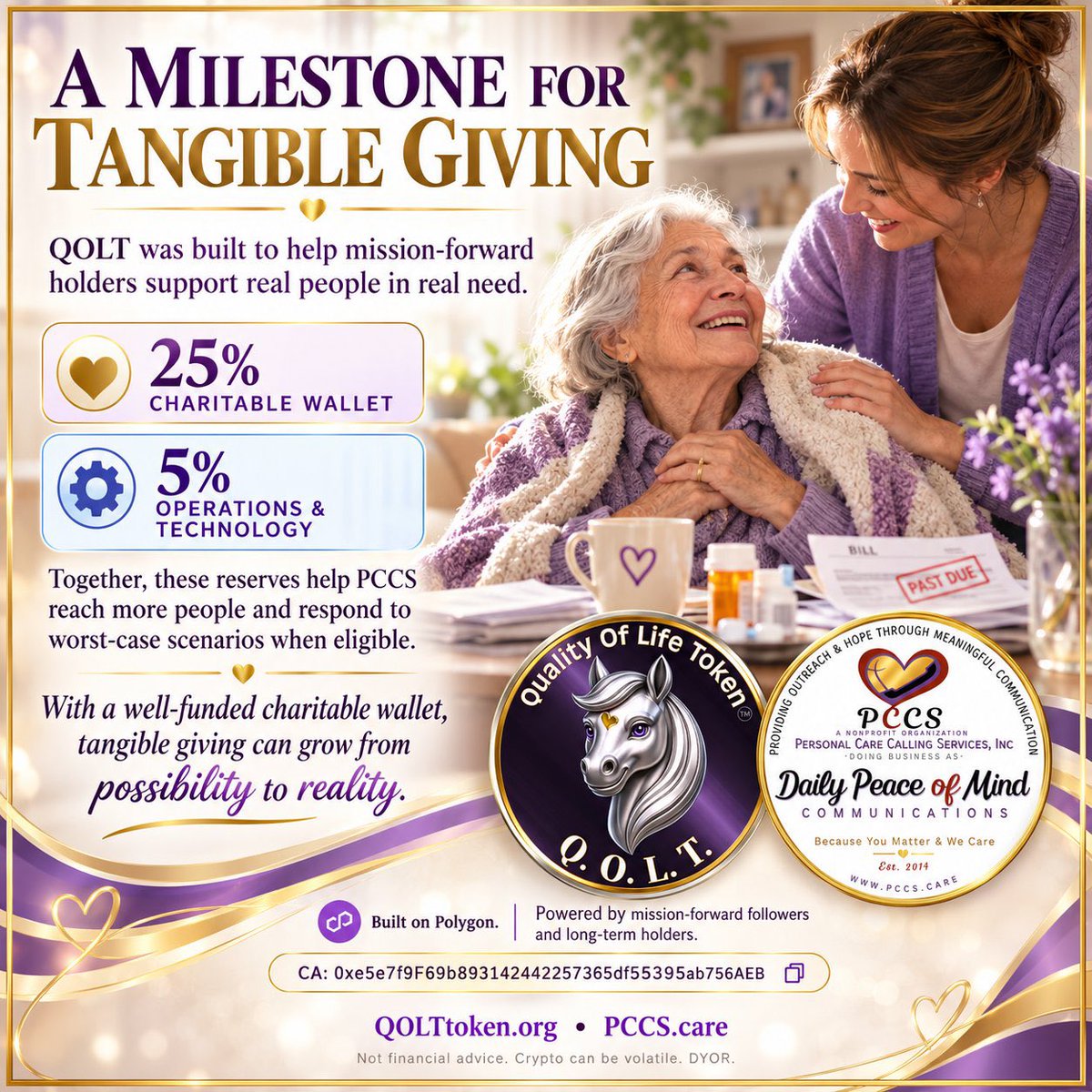 0akataone's tweet photo. Direct Breakdown: Tangible Giving Allocations
 * 25% Charitable Wallet: Dedicated directly to helping real people in need, supporting PCCS recipients, and responding to worst-case emergency scenarios when eligible.
 * 5% Operations & Technology: Sustains core infrastructure, server maintenance, and technology operations to keep the care system online.
 * Real-World Impact: Turns passive crypto discourse into direct assistance for isolated seniors, veterans, and individuals with disabilities.
$QOLT Contract (Polygon / QuickSwap V2):
0xe5e7f9F69b893142442257365df55395ab756AEB
Charity Wallet (Polygon / USDT - Tax Deductible):
0xFbf57719924405EdA10A47d0F1F63c5f42B8BCF2
🌐 https://t.co/F5RApYWWfl | https://t.co/Nuz8fWZZ4C