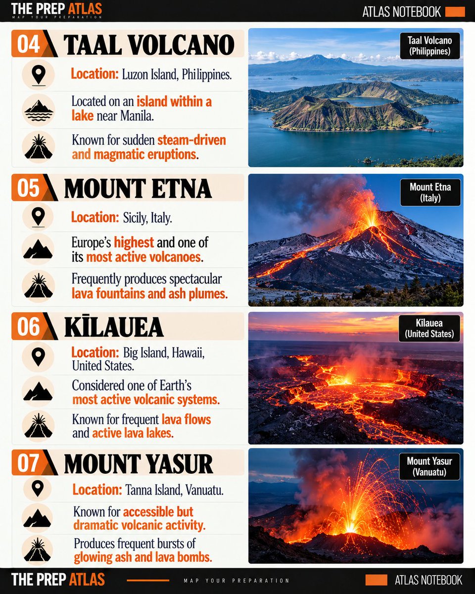 ThePrepAtlas's tweet photo. ✅ Did you know Mount Erebus is the southernmost active volcano on Earth?
🌋 From Mount Merapi to Sakurajima, here are 10 of the most major active volcanoes around the globe.👇🏻📌
#Volcanoes #EarthScience #UPSC #UPPSC https://t.co/ohzESp5Q6i