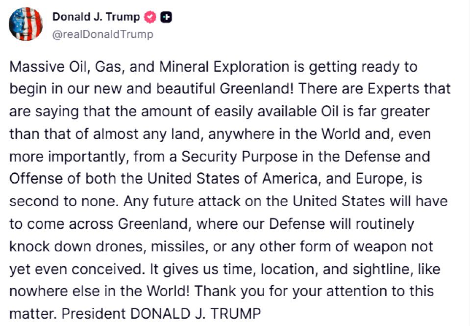ThirdColumn's tweet photo. U.S. President Donald Trump says large-scale oil, gas and mineral exploration is preparing to begin in Greenland, claiming the territory holds more easily accessible oil than almost anywhere else in the world. 

He also described Greenland as critical to U.S. and European defence, arguing that its strategic position is essential for intercepting future missile and drone threats.