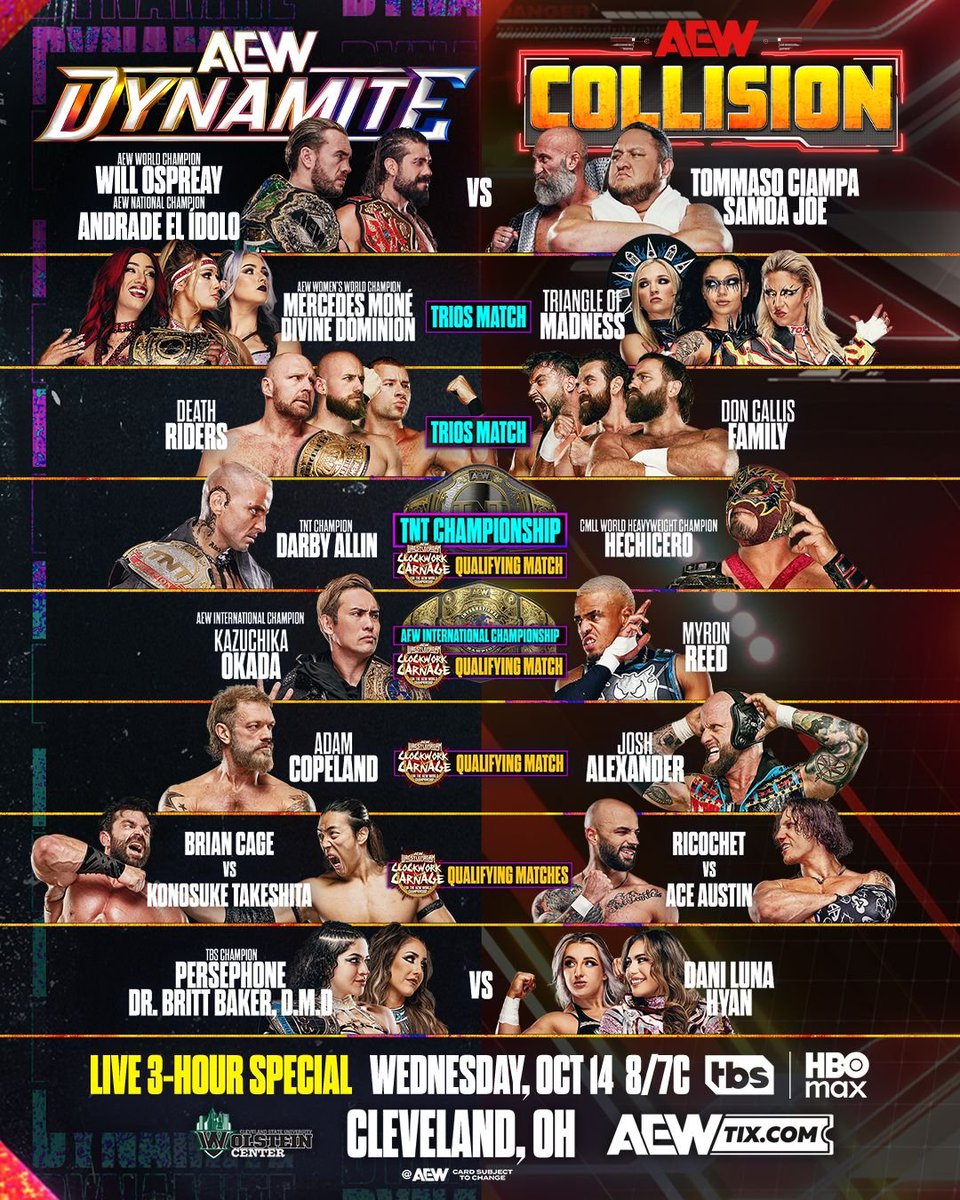 GhostXad9211's tweet photo. Stacked line up for WrestleDream go home show.
Dynamite + Collision 3 hour special.
Can't wait.
🔥🔥🔥🔥🔥
#AEWDynamite
#AEWCollision
#AEWWrestleDream https://t.co/Gvzjb6F9tC