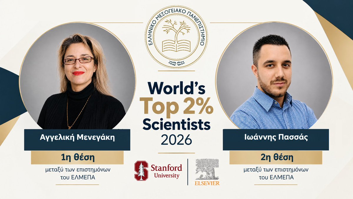 HMUniversity's tweet photo. Διεθνής διάκριση για το Τμήμα Διοίκησης Επιχειρήσεων και Τουρισμού του ΕΛΜΕΠΑ
Η Αν. Καθηγήτρια Αγγελική Μενεγάκη και ο Επίκ. Καθηγητής Ιωάννης Πασσάς στις δύο πρώτες θέσεις του ΕΛΜΕΠΑ στην ετήσια κατηγορία της Λίστας Stanford
🔗 https://t.co/vszBIWKxHf
#ΕΛΜΕΠΑ #HMU #HMUResearch https://t.co/h20Qa3X0M3