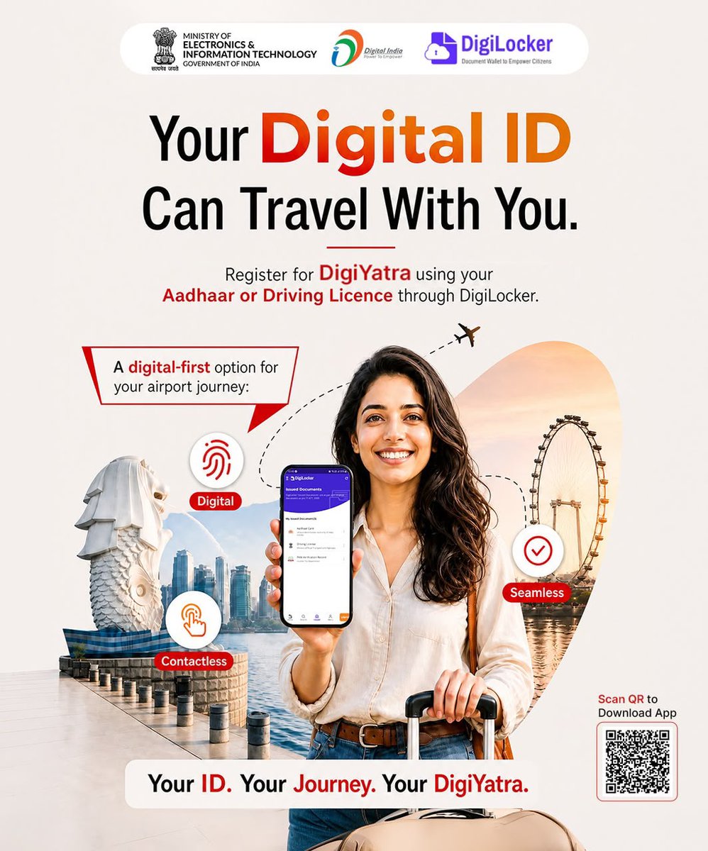 GoI_MeitY's tweet photo. Skip the long queues and breeze through the airport gates!

Register for DigiYatra using your Aadhaar or Driving Licence through DigiLocker for a completely paperless and secure travel experience.

#Digilocker https://t.co/X9OtTU4YPn