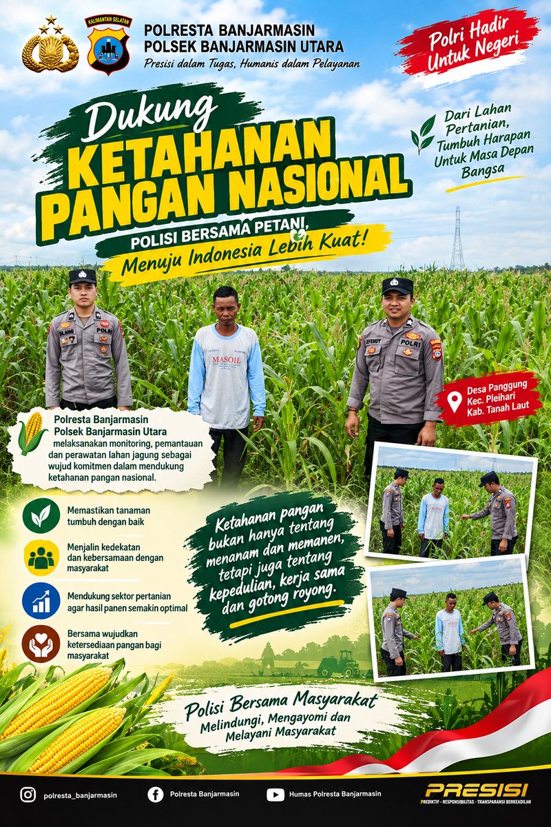 polsekbjmutara's tweet photo. Sebagai wujud komitmen dalam mendukung program Ketahanan Pangan Nasional, personel Polsek Banjarmasin Utara melaksanakan kegiatan monitoring, pemantauan, dan perawatan lahan jagung. 
#ketahananpangan
#swasembadapangan
#polisibersamamasyarakat
#poldakalsel
#polrestabanjarmasin https://t.co/SaZK7FgiOc