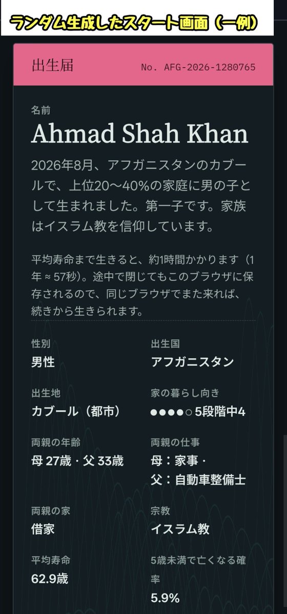 tkzwgrs's tweet photo. 【話題】世界中のランダムな国に赤ちゃんとして生まれて生涯を疑似体験できるシミュレータが話題に

▼人生シミュレータ『80億分の1』
https://t.co/2FnjxR3aZE

・ランダムな国に生まれ0歳からその国の平均寿命までの人生をランダム生成
・子どもの死、紛争、病気等の重い場面も実際の統計通りに再現 https://t.co/D6xcZ0fNEG
