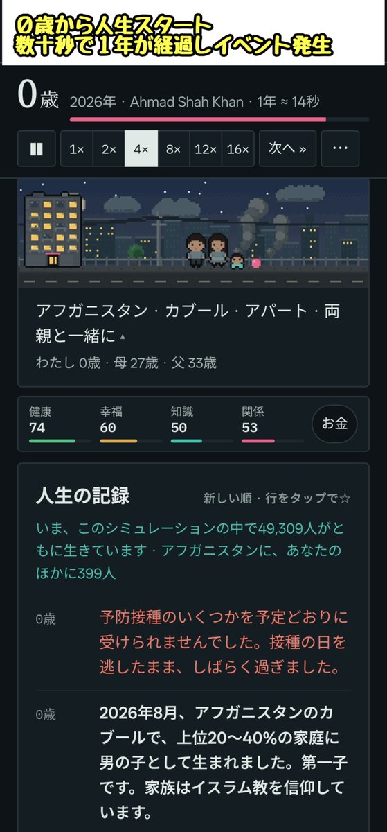 tkzwgrs's tweet photo. 【話題】世界中のランダムな国に赤ちゃんとして生まれて生涯を疑似体験できるシミュレータが話題に

▼人生シミュレータ『80億分の1』
https://t.co/2FnjxR3aZE

・ランダムな国に生まれ0歳からその国の平均寿命までの人生をランダム生成
・子どもの死、紛争、病気等の重い場面も実際の統計通りに再現 https://t.co/D6xcZ0fNEG