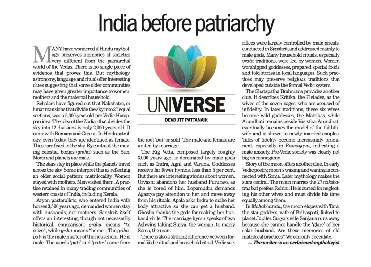 devduttmyth's tweet photo. Mythology, astronomy, language and ritual offer interesting clues suggesting that some older communities may have given greater importance to women, mothers and the maternal household.

Read more...

India before patriarchy

https://t.co/jZgjNf5id7 https://t.co/y7yQ4DcT7f