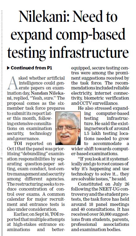 manashTOI's tweet photo. #NTA #PaperLeak #ExamReforms #NilekaniCommittee #NEET #JEE #CUET #highereducation
Question papers for high-stakes entrance examinations could be generated at the last minute from a massive bank of questions instead of being prepared and stored in advance, as part of a technology-driven overhaul to prevent leaks, Nandan Nilekani, chairman of the high-powered task force on examination reforms, said on Tuesday. He also said Prime Minister Narendra Modi was keen to implement the panel’s recommendations.
Speaking at the Bloomberg New Economy Forum 2026 in Delhi, the Infosys chairman questioned the need for a fixed question paper, arguing that its existence created an economic incentive for theft and sale.
https://t.co/ls7A7YfCZY