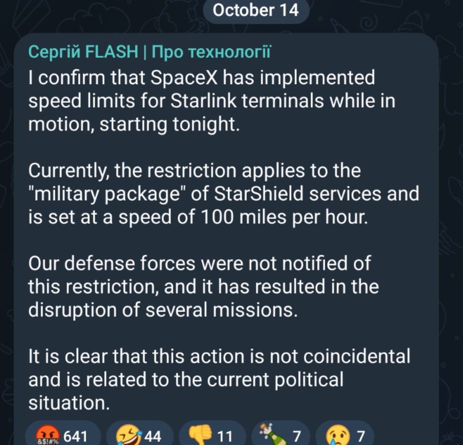OstapYarysh's tweet photo. ‼️ Ukrainian Defense Ministry adviser Serhii Beskrestnov confirms that Starlink services - and specifically Starshield - have been partially restricted in Ukraine. The same was reported earlier by @sternenko. https://t.co/1eiqu74zwx