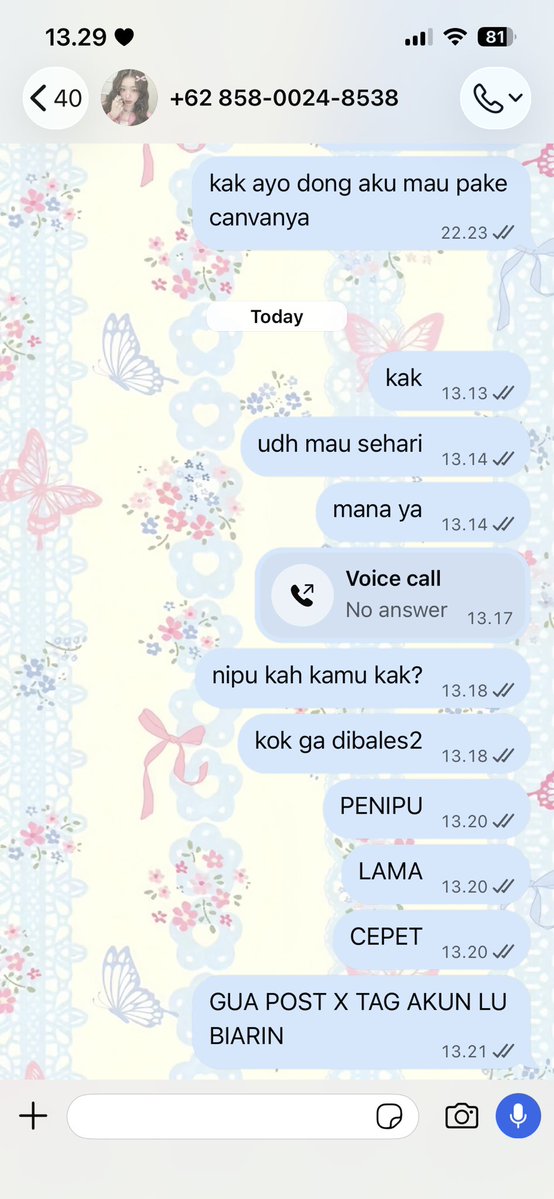 tyaluvs's tweet photo. JANGAN BELI APK PREMIUM DI DIA ‼️@_eveclarke ‼️PENIPU. aku beli canva dari kemarin siang sampe sekarang gadikasih NAJIS LU FAST RESPON CUMA BUAT TF  #zonauang https://t.co/b2nPnGPzPX