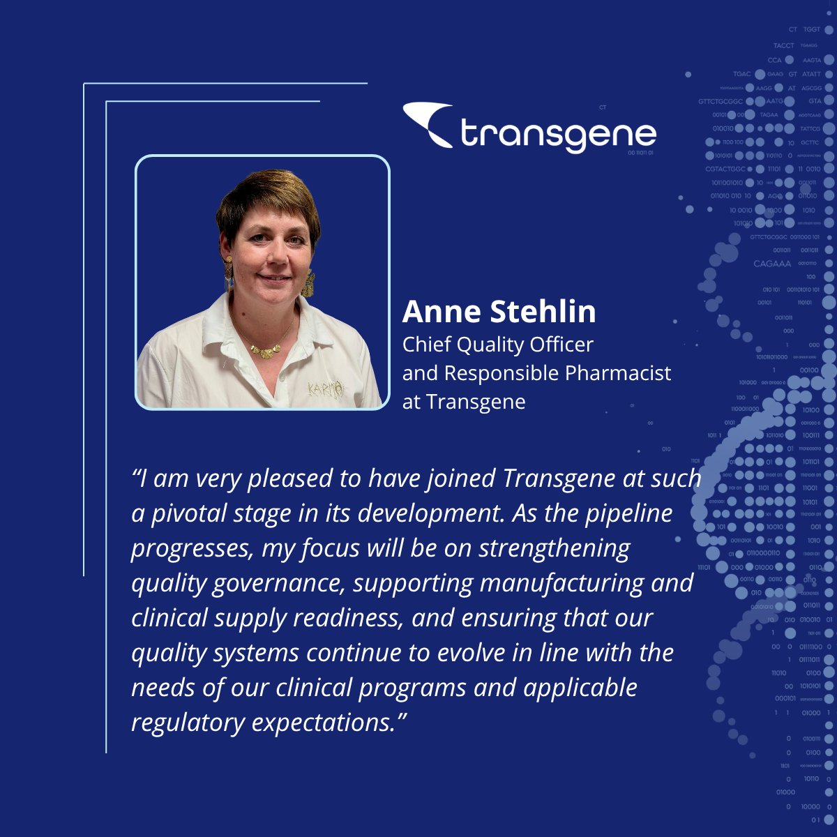 TransgeneSA's tweet photo. 🚀 @TransgeneSA is happy to welcome @AnneStehlin as its Chief Quality Officer and Responsible Pharmacist.

🤗 Welcome to Anne in her new role! https://t.co/akp2q62Q6h