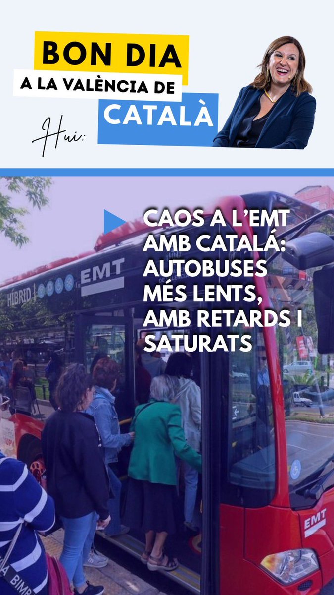 PSOEValencia's tweet photo. Bon dia! ☀️
Hui, a la València de Catalá: 

Moure’s amb l'EMT per la ciutat és cada vegada més lent, amb més retards i autobusos saturats. 

Les dades confirmen el deteriorament del servei mentre Catalá continua prioritzant el cotxe privat. https://t.co/C9PUil7NzZ