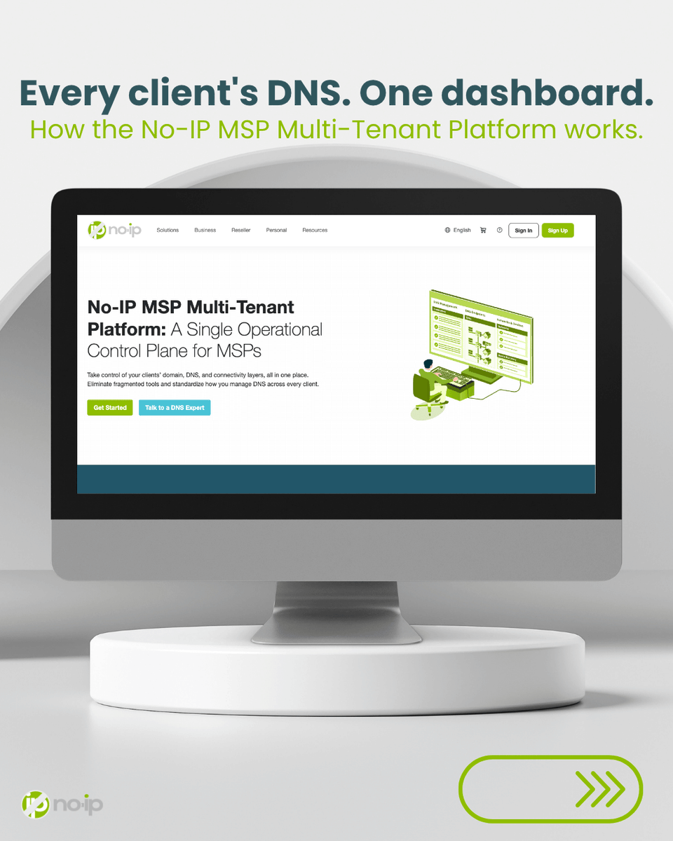 NoIPcom's tweet photo. If you manage DNS for multiple clients, the No-IP MSP Platform puts all of their domains, DNS, DDNS, and Public Tunnels in one dashboard.

One-click tech access, no shared passwords, and clients keep ownership of their accounts.

👉 https://t.co/TIpKbAUyJV #MSP #DNS https://t.co/Um39gq2VY9