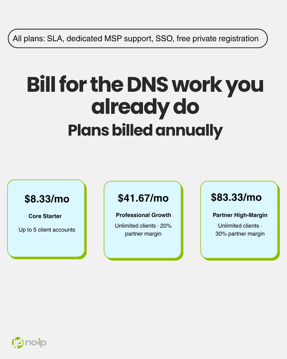 NoIPcom's tweet photo. If you manage DNS for multiple clients, the No-IP MSP Platform puts all of their domains, DNS, DDNS, and Public Tunnels in one dashboard.

One-click tech access, no shared passwords, and clients keep ownership of their accounts.

👉 https://t.co/TIpKbAUyJV #MSP #DNS https://t.co/Um39gq2VY9
