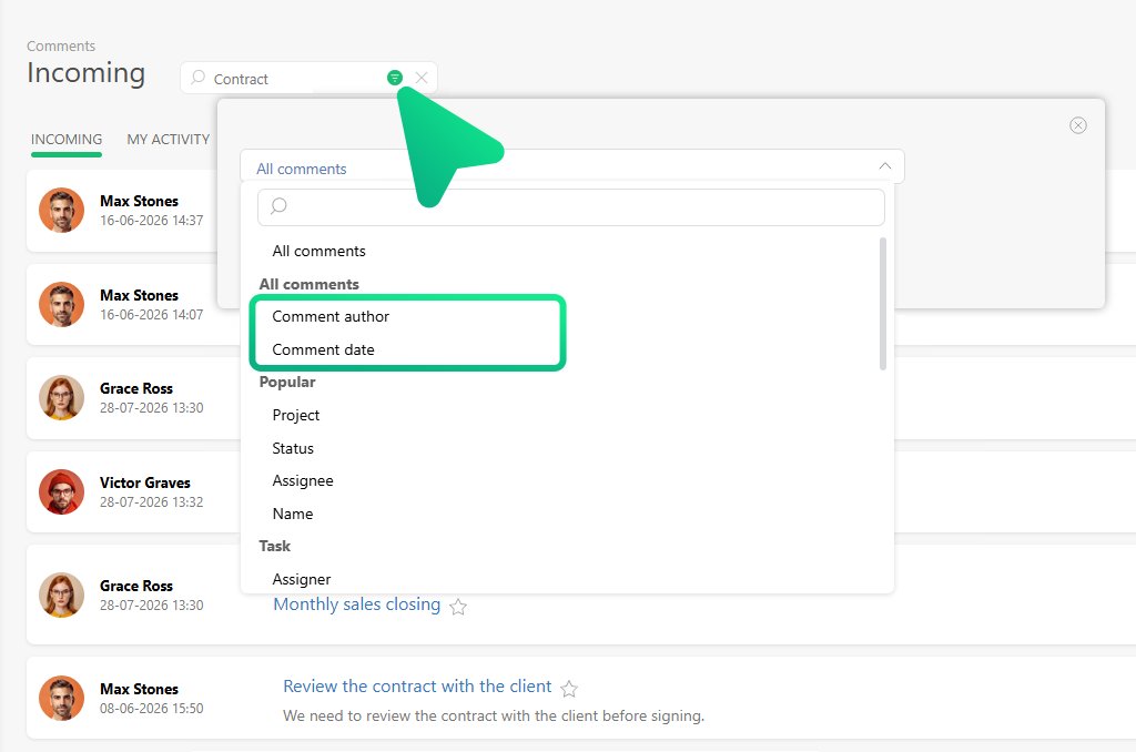 planfix's tweet photo. Comment Search in Planfix 🔍

You can now filter comments by author and date. Those filters work both inside an employee’s card and in the main comments section.

Combine the filters with words in the search box and with your usual task conditions to home in on the message you need. For example, if a colleague wrote about a contract last week, pick their name, choose “last week,” and add “contract” to the search field – you’ll get straight to that comment without scrolling through the whole feed.

Your search settings stick around while you open found tasks and switch between incoming and outgoing messages, so you won’t have to reapply filters every time.

#Planfix #Comments #Search