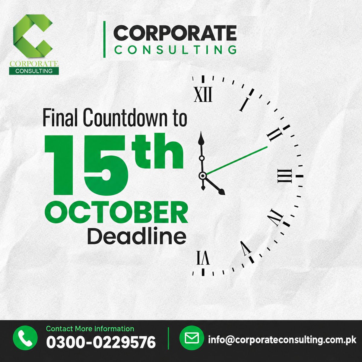 Reg_Consultant's tweet photo. Annual Income Tax Return Time is Running Out.
File Tax Return Before Time.
Note: Last Date is 15-October-2026
Contact: 0300-0229576
#corporateconsulting #ntn #secp #pvt #registartion #services #company #license #tax #fbr #return #srb #gst #ActiveFiler https://t.co/9ww2u73i0q