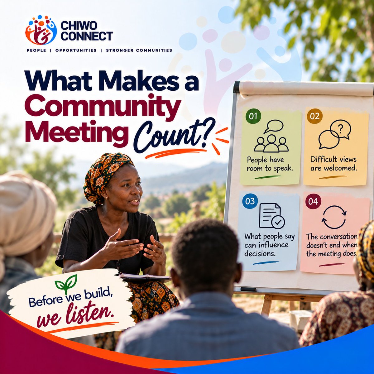 chiwoconnect's tweet photo. What Makes a Community Meeting Count?

In community development, it's easy to measure participation by the number of people who attended, the issues discussed, or the feedback collected.

Attendance isn't the same as influence. 

#chiwoconnect #CommunityDevelopment https://t.co/VJANAI5CcC