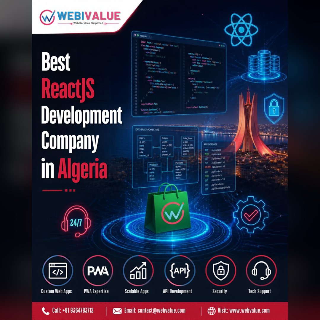 deekshawebi's tweet photo. Looking for the Best ReactJS Development Company in Algeria? WebiValue delivers custom, secure, and scalable web applications, PWA solutions, and API integration to support your business growth.

🌐 https://t.co/WsFOH9KKAT
📞 +91 9364783712
#ReactJS #WebDevelopment #Algeria https://t.co/mljol2QWf6