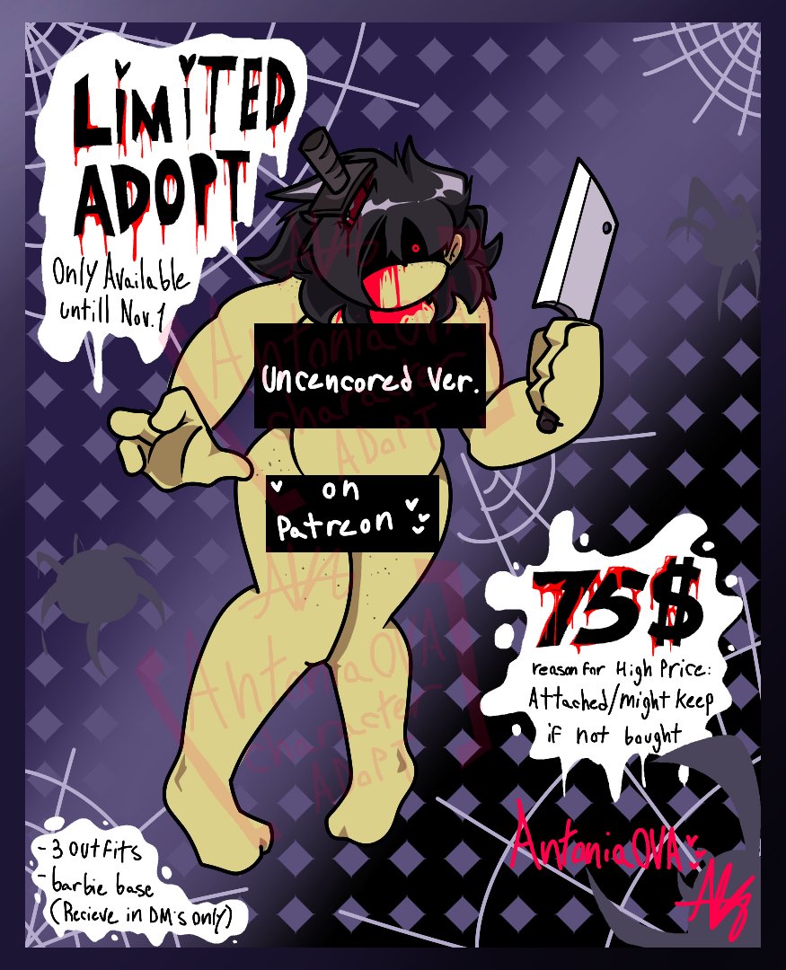 D3m0nT1naNSFW's tweet photo. Psycho Butcher Girl Adopt!! LIMITED TIME!!!
(Happy early halloween or whatever idgaf)
Kofi in replies!
#characteradopt #characterdesign #ocadopt #ocdesign https://t.co/6L3rVMVhl3