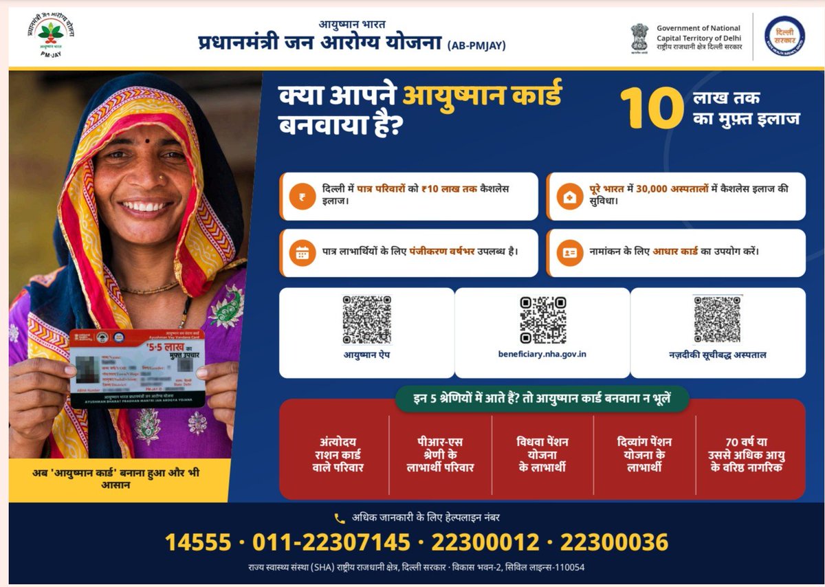 SHADELHI's tweet photo. क्या आपने आयुष्मान कार्ड बनवाया है? 

दिल्ली में पात्र परिवारों को अब ₹10 लाख तक का कैशलेस इलाज उपलब्ध है। आज ही अपनी पात्रता जाँचें और आयुष्मान कार्ड बनवाएँ।

📞 हेल्पलाइन: 14555

#AyushmanBharat #PMJAY #Delhi https://t.co/MAcZu2aKBp