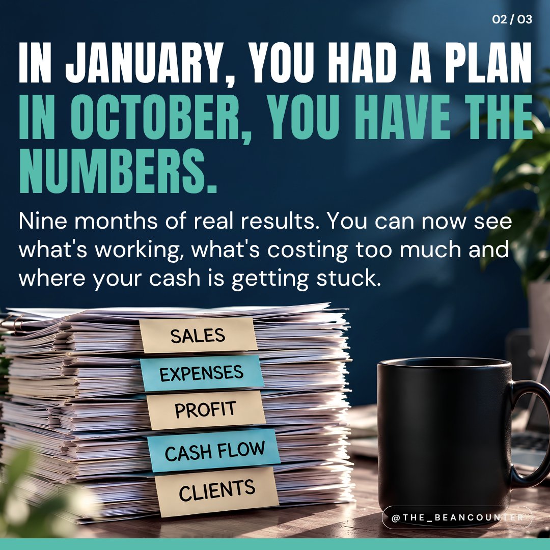 The_Beancounter's tweet photo. The year isn't over yet. ⏳
Nine months of numbers. Three months to make them count.
Protect your profit, strengthen your cash flow and start 2027 prepared.
Three moves worth making before December. 🚀
#TheBeancounter #BusinessGrowth https://t.co/Ypk99UTliE