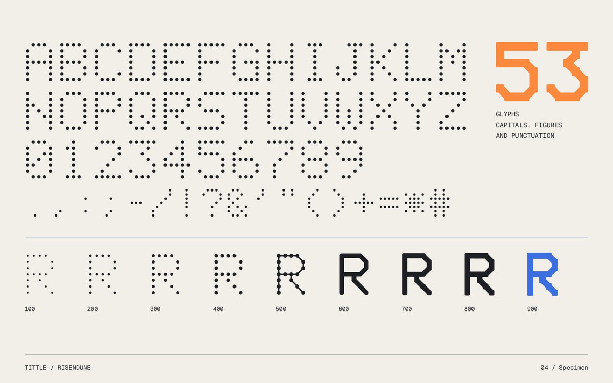 Risendune's tweet photo. DOTS TO STROKES. Lattice is a 5x7 dot-grid mono I designed for Tittle, with 53 glyphs and nine weights. At 100 it's loose dots, and by 600 the dots have fused into solid strokes. Which weight would you set a headline in? https://t.co/bOJHGR8byA