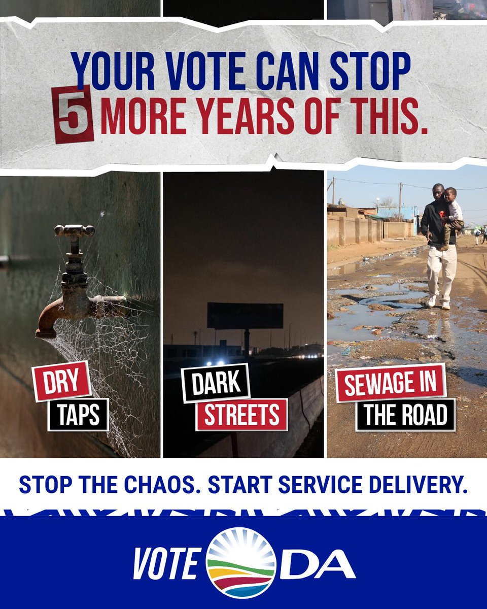 Our_DA's tweet photo. 🏘️ What should the next five years look like for your community?

Reliable water. Streets with working lights. Roads free from sewage.

These are basic services that residents should be able to expect.

🗳️ On 4 November, your vote will help shape the future of your town or city.

STOP THE CHAOS. START SERVICE DELIVERY. VOTE DA 💙