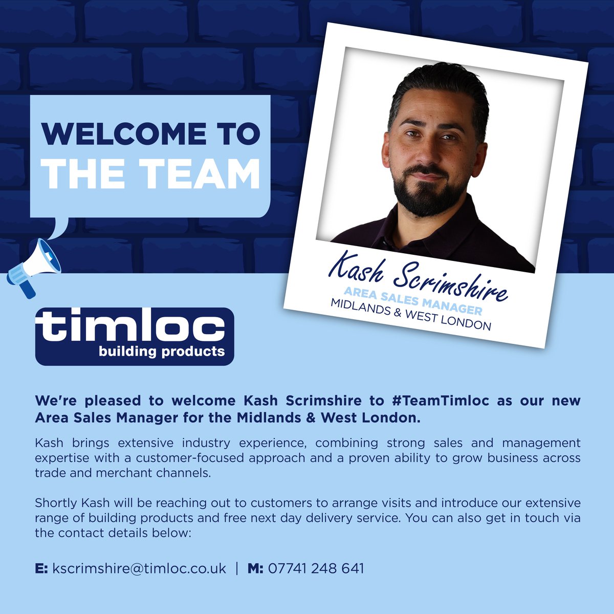TimlocBP's tweet photo. We're pleased to welcome Kash Scrimshire to #TeamTimloc as our new Area Sales Manager for the Midlands and West London. 

Kash will shortly be reaching out to customers to arrange visits. You can also get in touch via the details below:

📧kscrimshire@timloc.co.uk
📞07741 248 641 https://t.co/yxS9vv4hkV