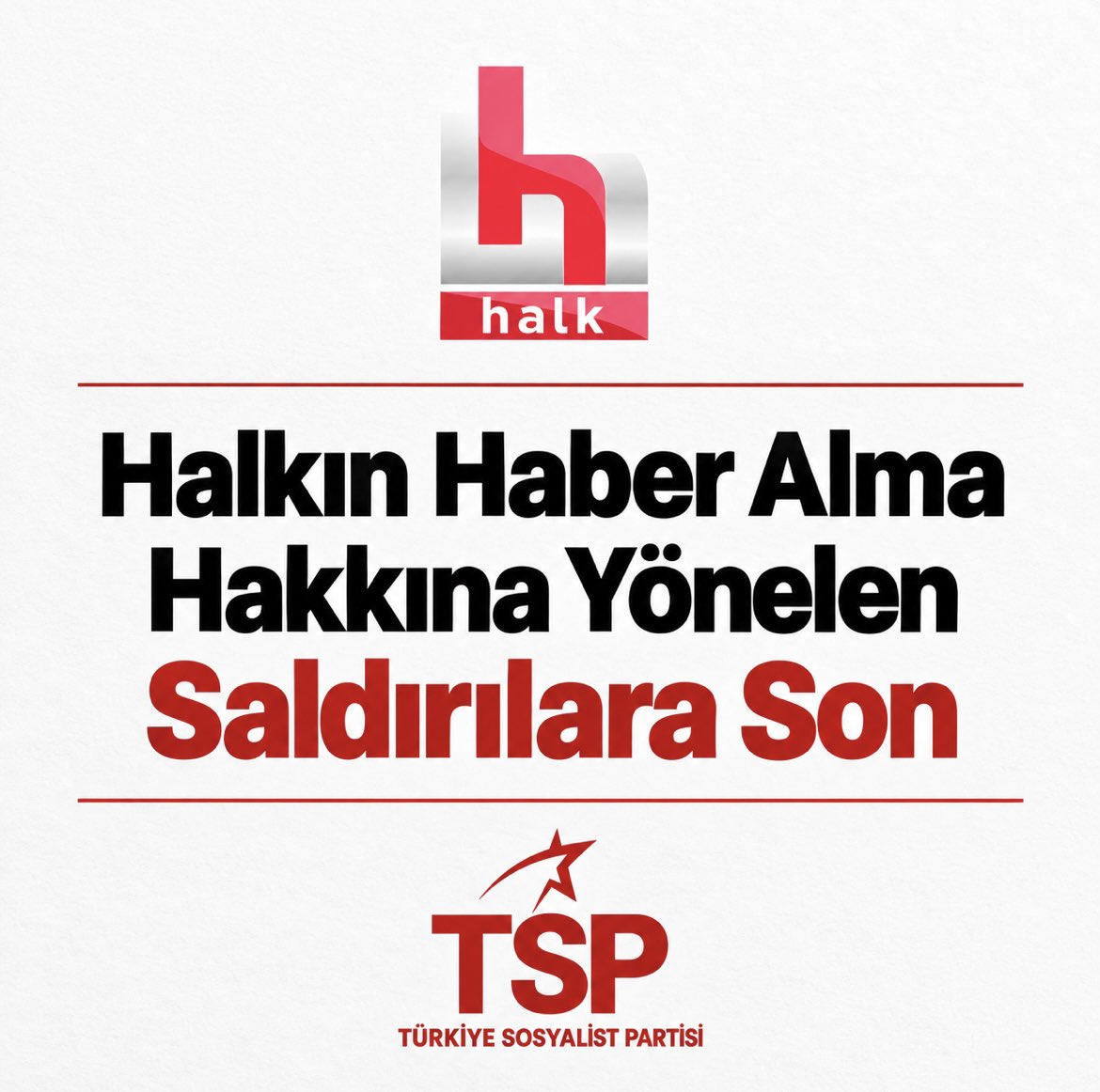 TSPmerkez's tweet photo. Halk TV’ye polis baskınıyla kayyım atanması, halkın haber alma hakkına ve basın özgürlüğüne yönelik siyasal saldırıların yeni bir boyudur. Bu saldırılar tutsak edilen gazetecilerden, sansürlenen onlarca medyadan, baskı ve saldırılardan bugüne bilindik bir yöntemdir.

Bu saldırının siyasi zemini görmezden gelinemez. Butlan CHP’sinin başındaki Kemal Kılıçdaroğlu, daha birkaç gün önce Halk TV’yi açıkça hedef göstermiş, bugün yaşananların adeta işaret fişeğini ateşlemiştir.

İktidarın yargı ve kolluk eliyle yürüttüğü baskı siyaseti ile butlan CHP’sinin muhalif sesleri itibarsızlaştırma çabaları, aynı siyasal saldırı anlayışının birbirini tamamlayan iki yüzüdür.

Halkın iradesine kayyım atayanlarla, halkın sesinin susturulmasına siyasi zemin hazırlayanların karşısındayız!

Sosyalistler açısından mesele halkın örgütlenme, haber alma ve gerçekleri öğrenme hakkıdır.

Tek seçeneğimiz örgütlü mücadelemizdir.

Türkiye Sosyalist Partisi