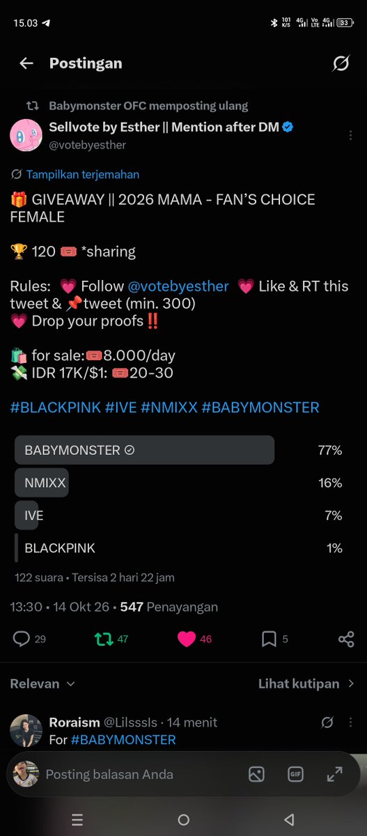 JENJASfhik's tweet photo. @votebyesther I vote for #BABYMONSTER at the #2026MAMAVOTE https://t.co/GO5ZwVLgTz