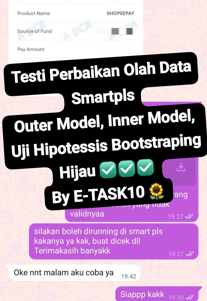 jasaolahdata19's tweet photo. Open olah data smart pls by E-TASK10 🌻

Dari outer loading, Validitas deskriminan HTMT, Fornell Larcker, Cross Loading, VIF, model fit, uji hipotesis indirect/direct semua terpenuhi/hijau ya ✅🌻

#zonauang #jokiolahdata #jokiskripsi https://t.co/24s7gEsDs1