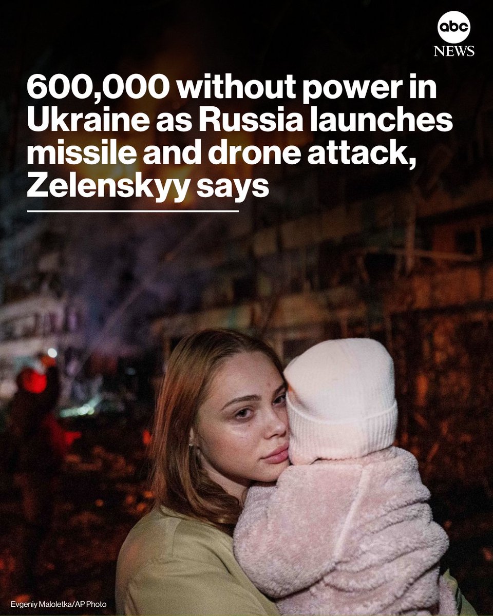 ABC's tweet photo. At least 600,000 people are without power in Ukraine after Russia launched aerial attacks that struck energy infrastructure, Ukrainian President Zelenskyy said.

Read more: https://t.co/WBUxemYffM https://t.co/QyYroFrOL5