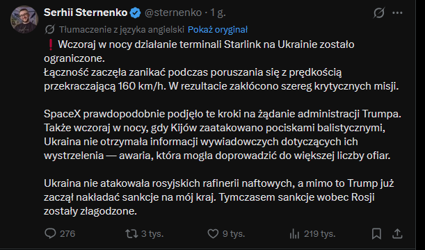 wolski_jaros's tweet photo. Ukraińcy dostali bana na Stralinki od USA. Jeszcze nie całkowitego ale niestety stało się: 
Stralinki przestały obsługiwać obiekty poruszające się ponad 160km/h. Informację podał doradca ukraińskiego prezydenta  ds. rozwoju technologii obronnych  @sternenko .  

Ukraina ma walczyć z Rosją mając zawiązaną za plecami jedną rękę tylko dlatego że Trump chce ściągnąć rosyjską ropę do USA na mniej więcej tydzień zużycia Amerykanów aby próbować ratować wyniki republikanów przed mid-terms.  A cała sytuacja wynika z tego że Trump bezwarunkowo poparł Izrael w ataku na Iran. Fakt dostaw uzbrojenia z Rosji do Iranu (oraz pomocy wywiadowczej) które pomogły zmniejszyć eksport ropy przez Ormuz Trumpowi nie przeszkadza specjalnie -a przynajmniej oficjalnie. 
ps. "Kowal zawinił, Ukraińca powiesili" tak powinno brzmieć nowe przysłowie.