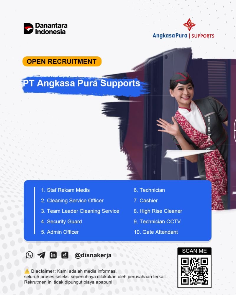 temankerjaaa's tweet photo. 📢WE'RE HIRING!!

Untuk kalian yang mau kerja di BUMN!!
ANGKASA PURA  lagi buka 10 Lowongan nih guyss

📌 Daftar Posisi:

1. Staf Rekam Medis
2. Cleaning Service Officer
3. Team Leader Cleaning Service
4. Security Guard
5. Admin Officer
6. Technician
7. Cashier
8. High Rise Cleaner
9. Technician CCTV
10. Gate Attendant

⏳ Batas pendaftaran: 21 Oktober 2026

Jangan sampai terlewat! Cek posisi yang sesuai dengan kualifikasi dan pengalamanmu, lalu siapkan berkas lamaran dari sekarang.

Send CV Kamu yang gacor kesini: https://t.co/Xygn2WUnLQ
More Info: https://t.co/8FicG0zMf5