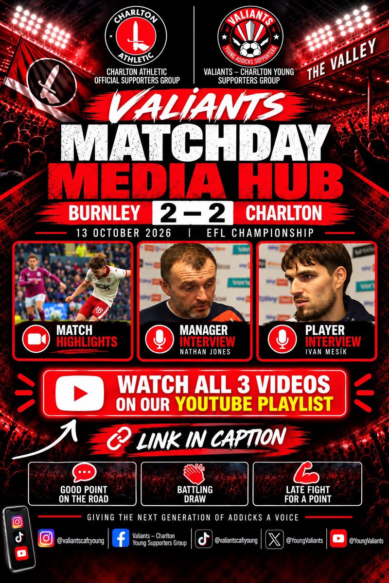 YoungValiants's tweet photo. 🔴⚪ VALIANTS MATCHDAY MEDIA HUB

Burnley 2–2 Charlton ⚽

A battling point on the road!

🎬 Match Highlights
🎙️ Nathan Jones Interview
🎤 Ivan Mešík Reaction

📺 Watch all 3 videos here 👇
https://t.co/jWoES4ZjVy

💬 Good point or two points dropped?

#CAFC #Addicks #Valiants https://t.co/VqR9KzzCND